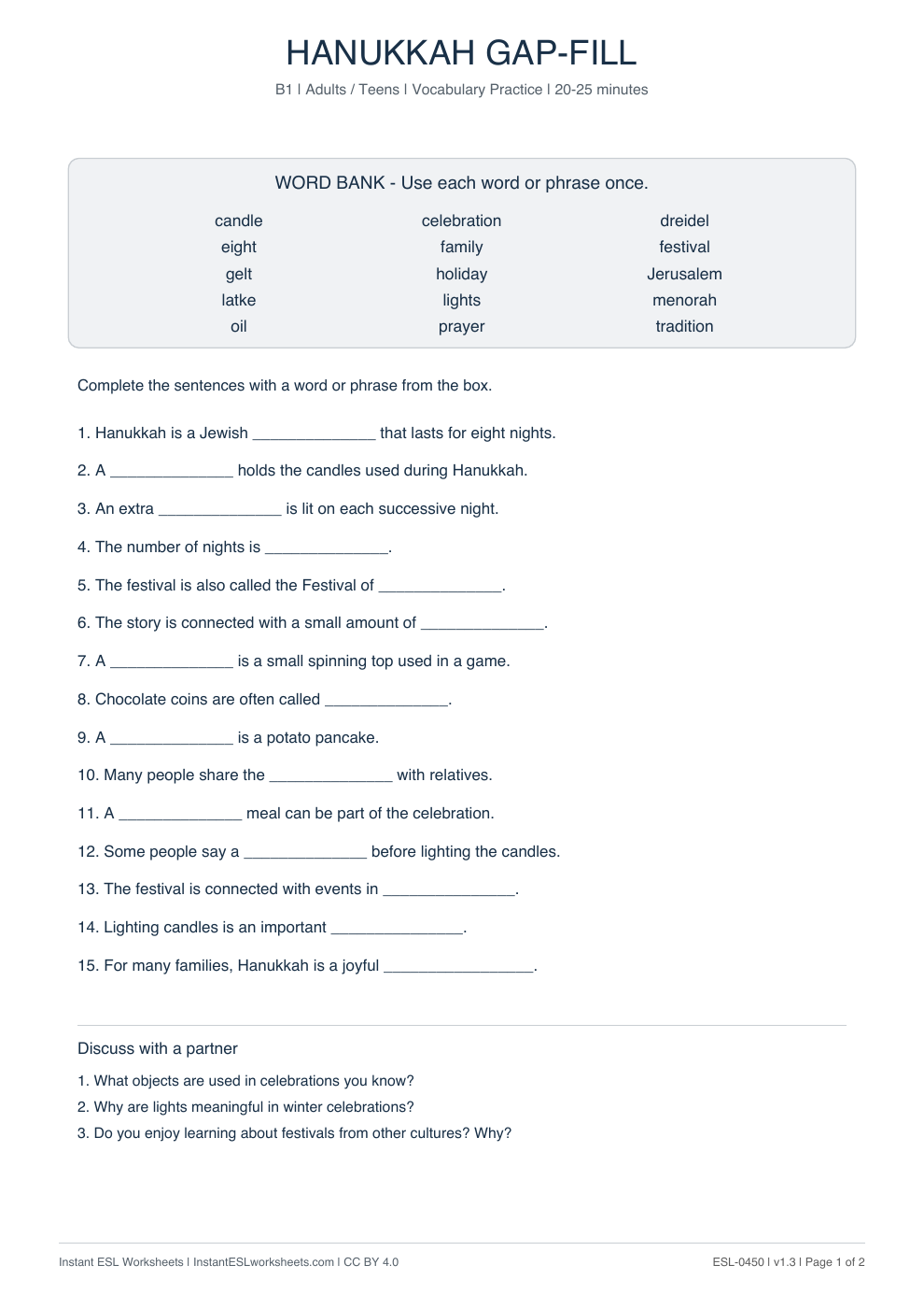 Page 1 of Hanukkah - Vocabulary Gap Fill