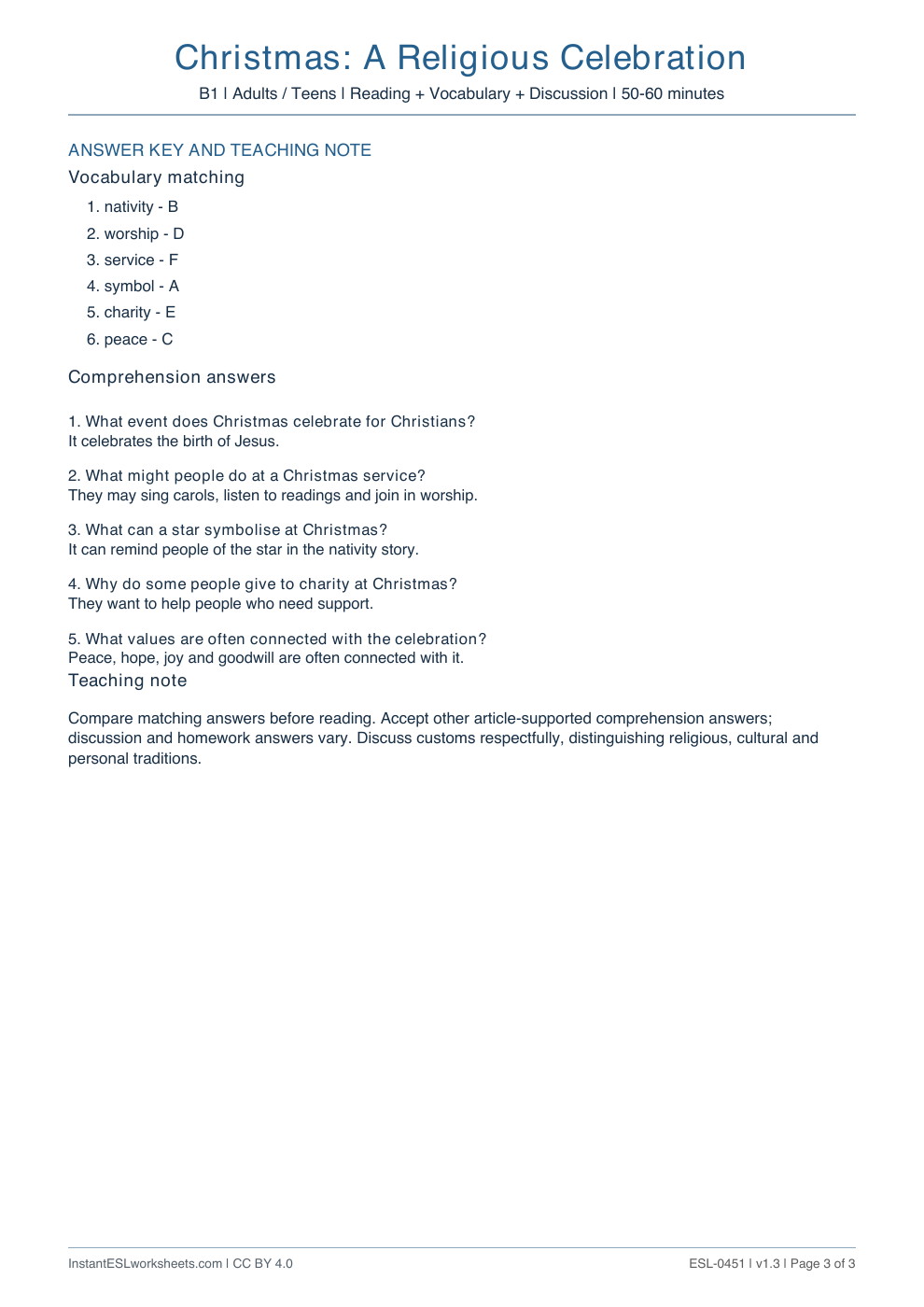 Page 3 of Christmas: A Religious Celebration - answer key