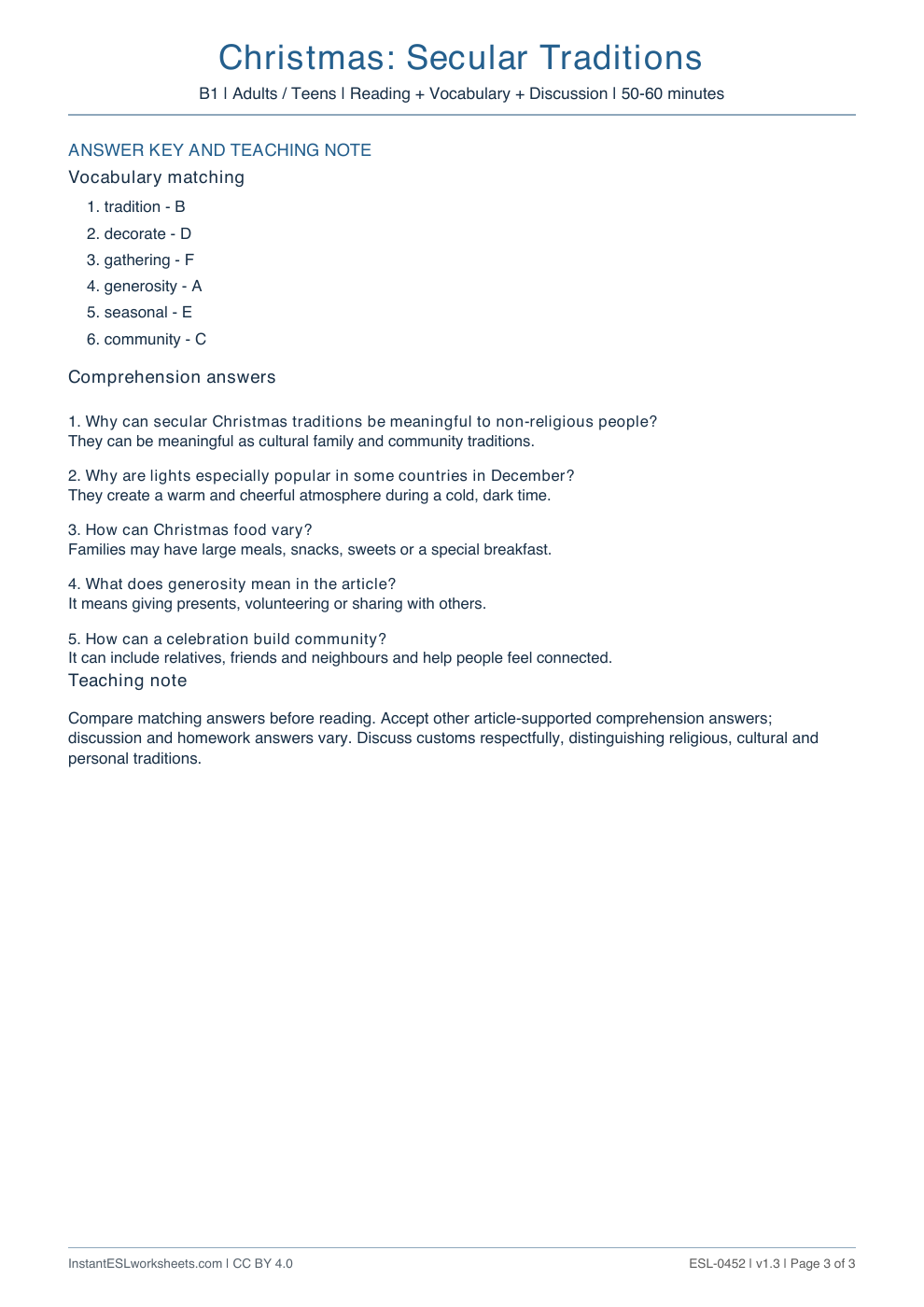 Page 3 of Christmas: Secular Traditions - answer key