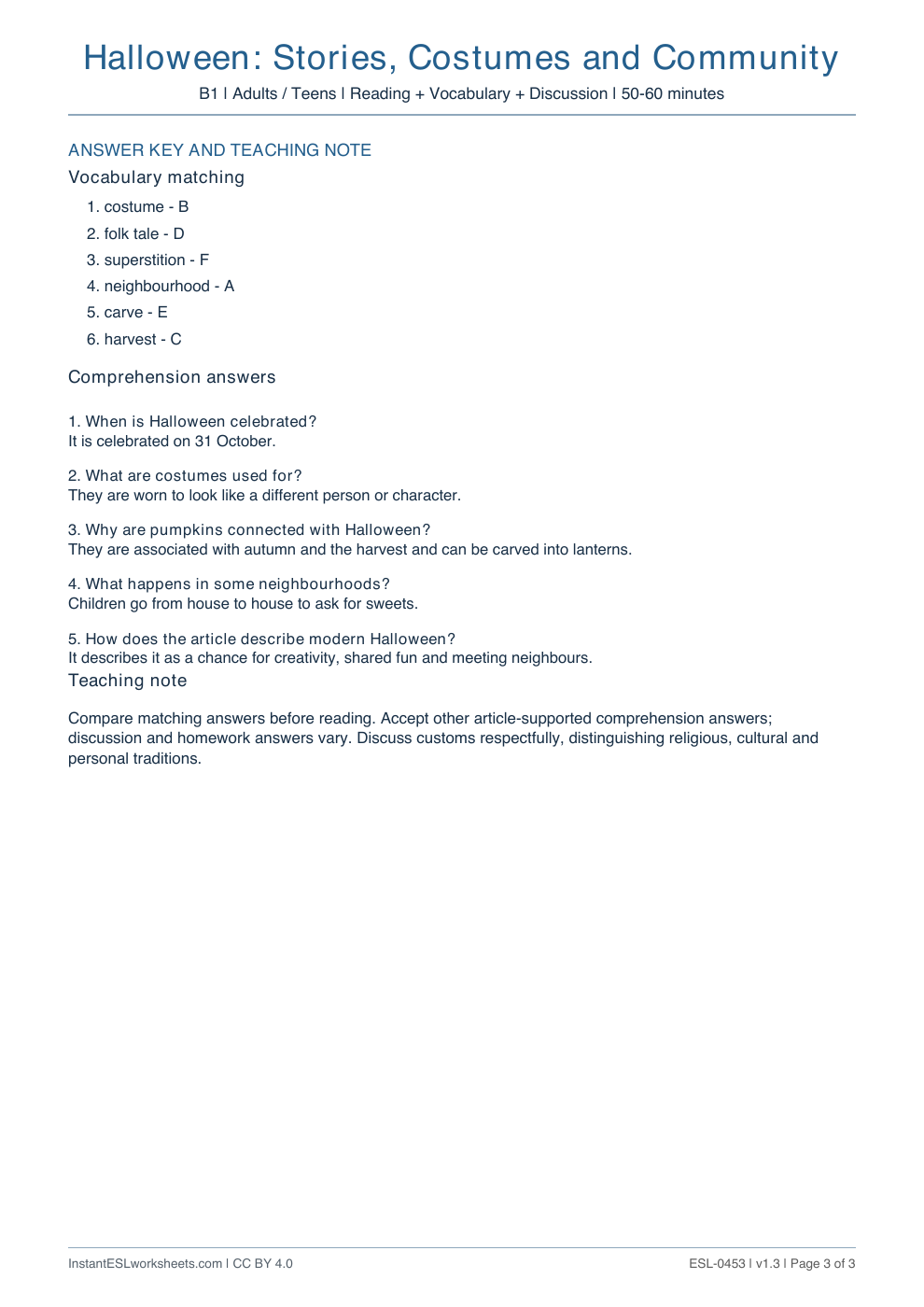 Page 3 of Halloween: Stories, Costumes and Community - answer key