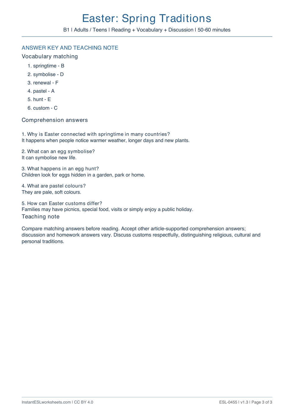 Page 3 of Easter: Spring Traditions - answer key