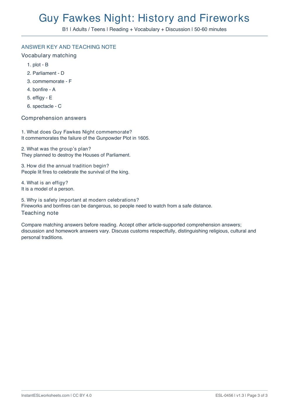 Page 3 of Guy Fawkes Night: History and Fireworks - answer key