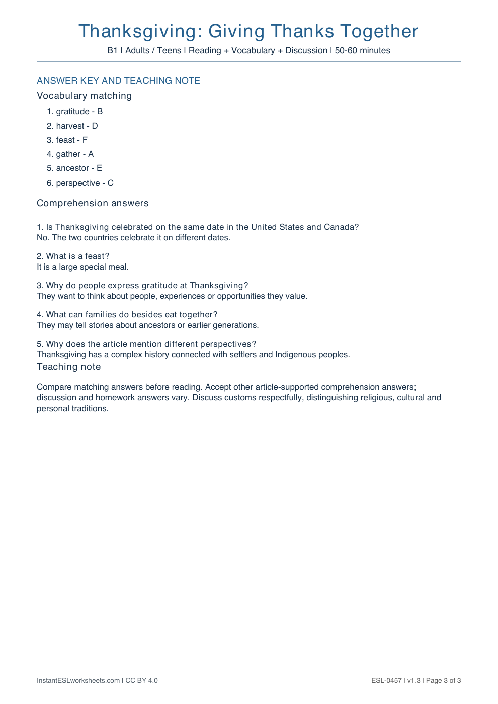 Page 3 of Thanksgiving: Giving Thanks Together - answer key