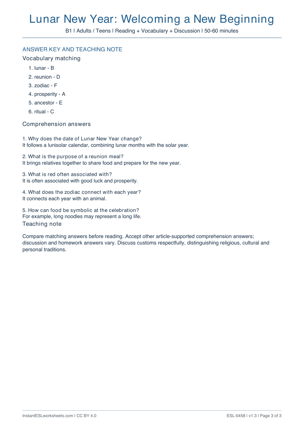 Page 3 of Lunar New Year: Welcoming a New Beginning - answer key