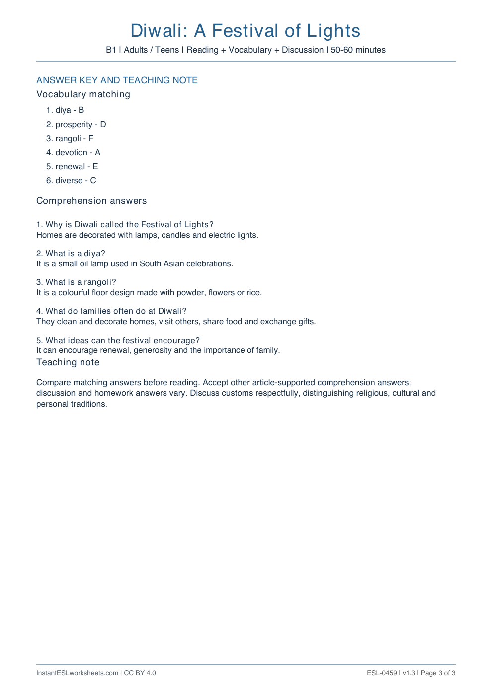 Page 3 of Diwali: A Festival of Lights - answer key