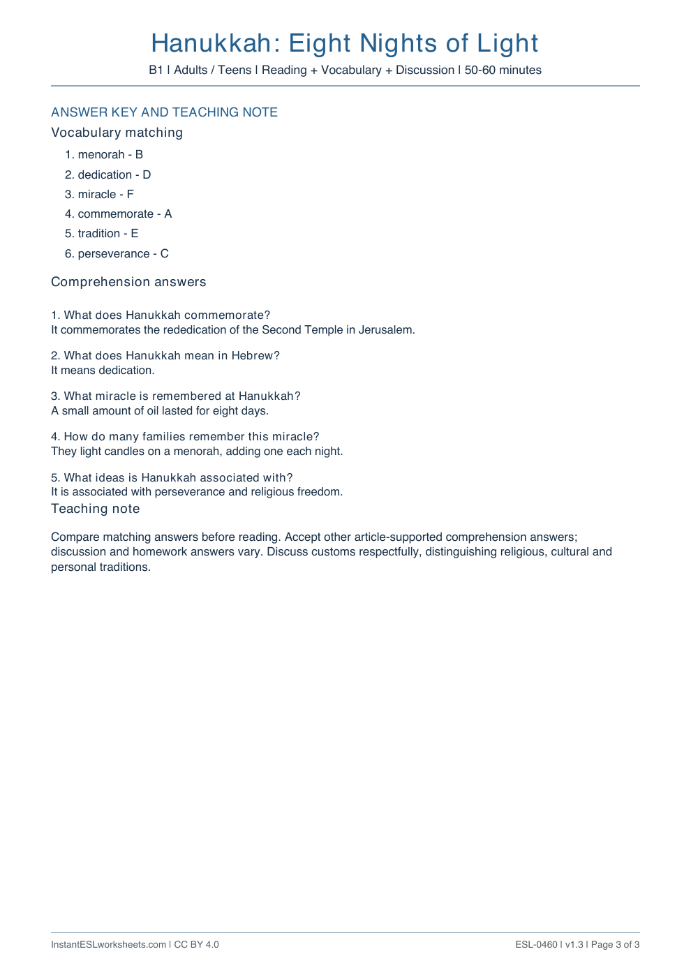 Page 3 of Hanukkah: Eight Nights of Light - answer key