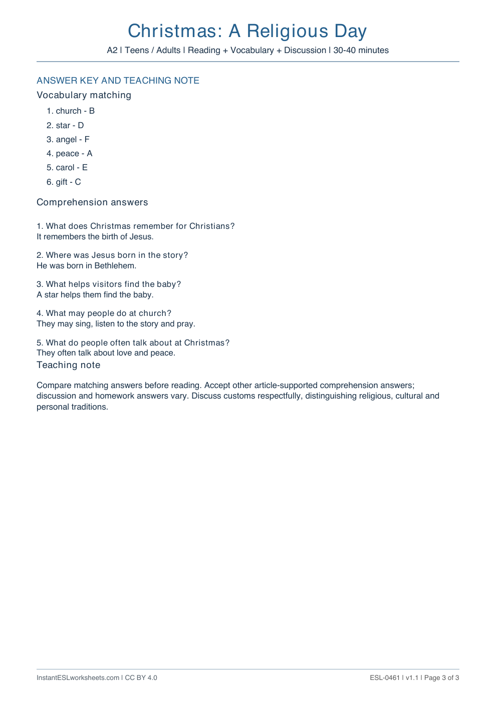 Page 3 of Christmas: A Religious Day - answer key