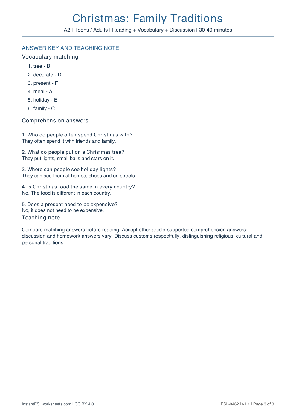 Page 3 of Christmas: Family Traditions - answer key