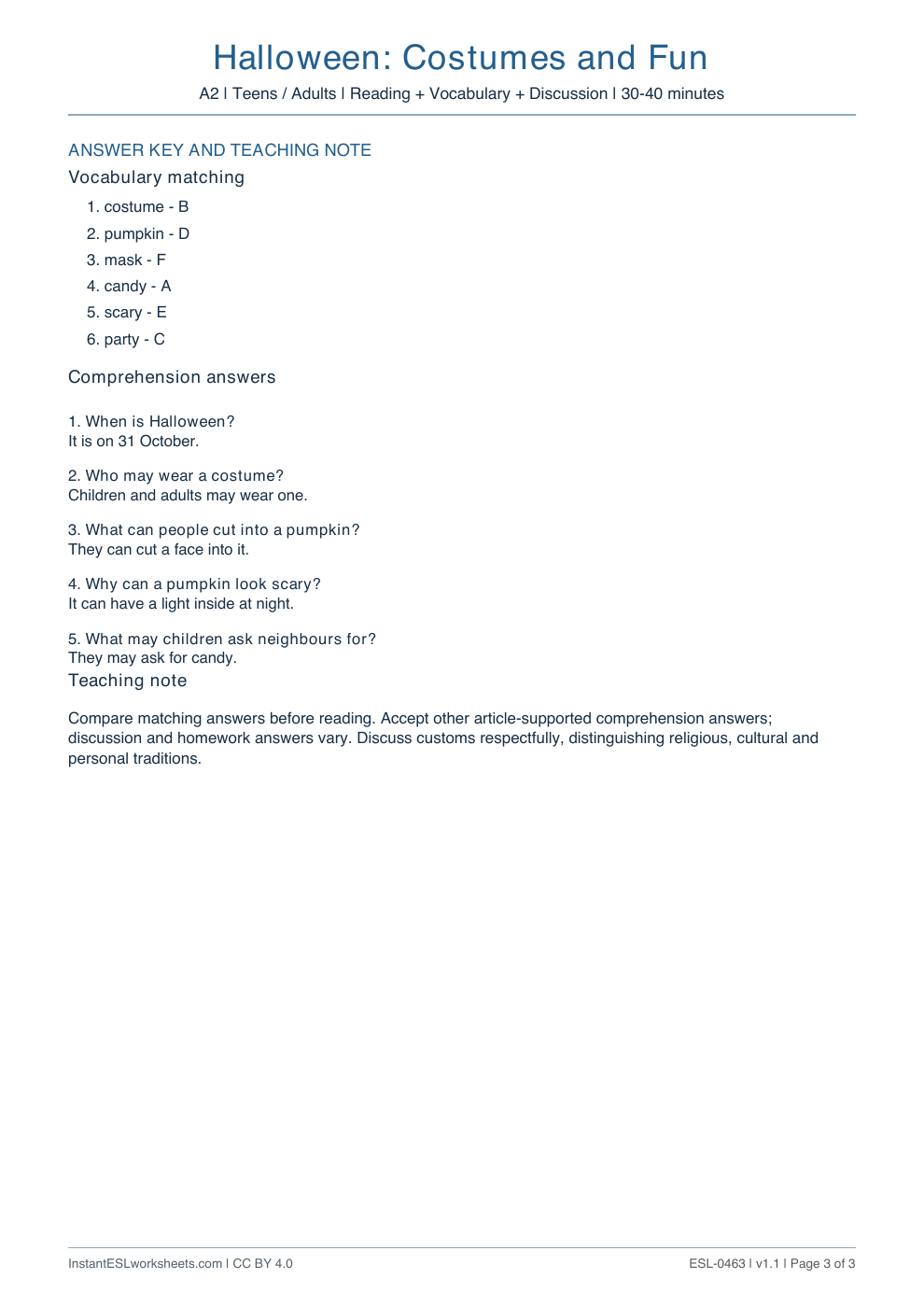 Page 3 of Halloween: Costumes and Fun - answer key