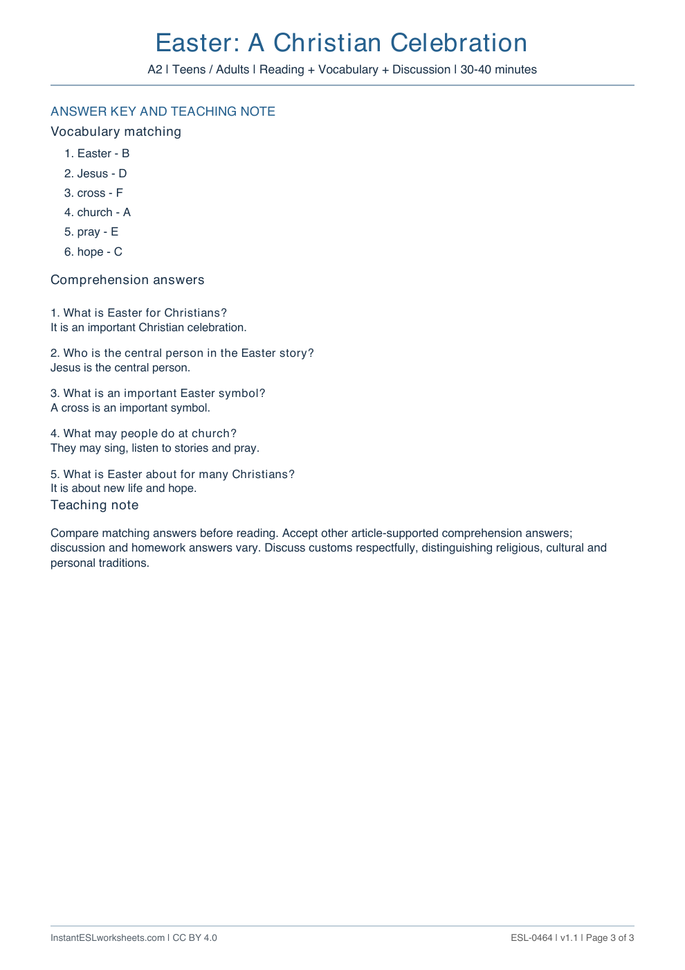 Page 3 of Easter: A Christian Celebration - answer key