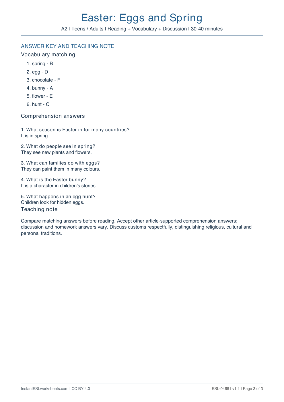 Page 3 of Easter: Eggs and Spring - answer key