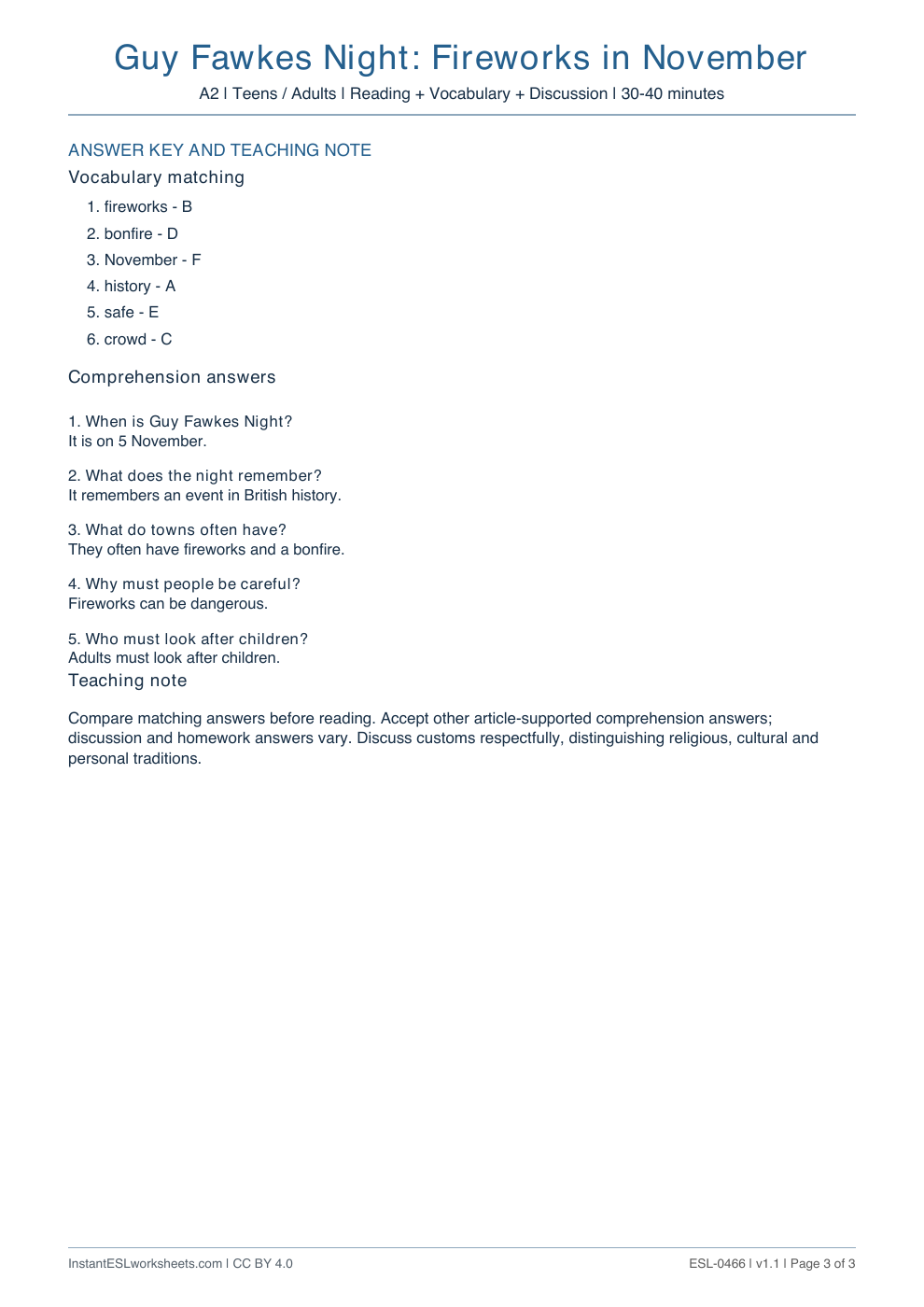 Page 3 of Guy Fawkes Night: Fireworks in November - answer key