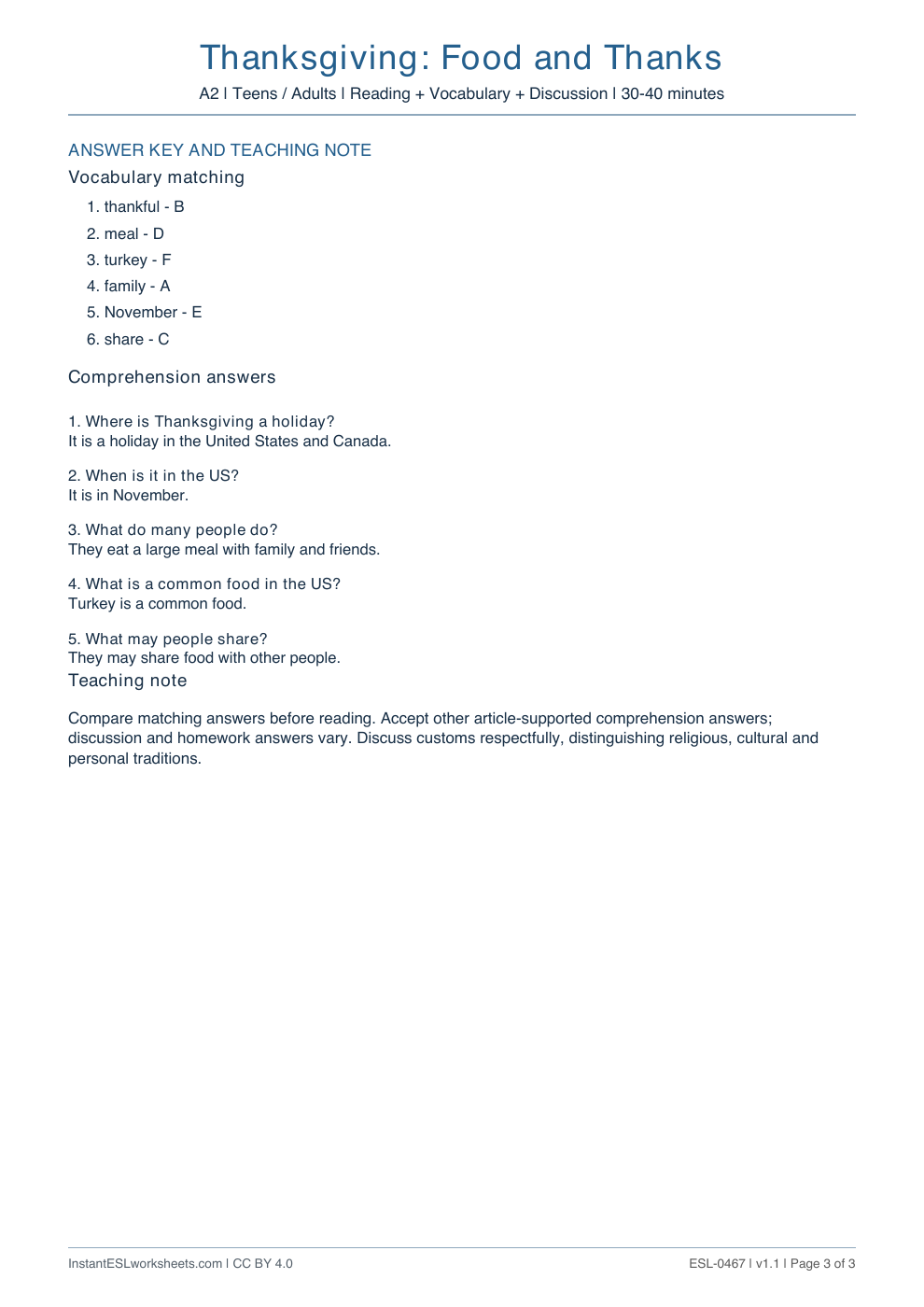 Page 3 of Thanksgiving: Food and Thanks - answer key