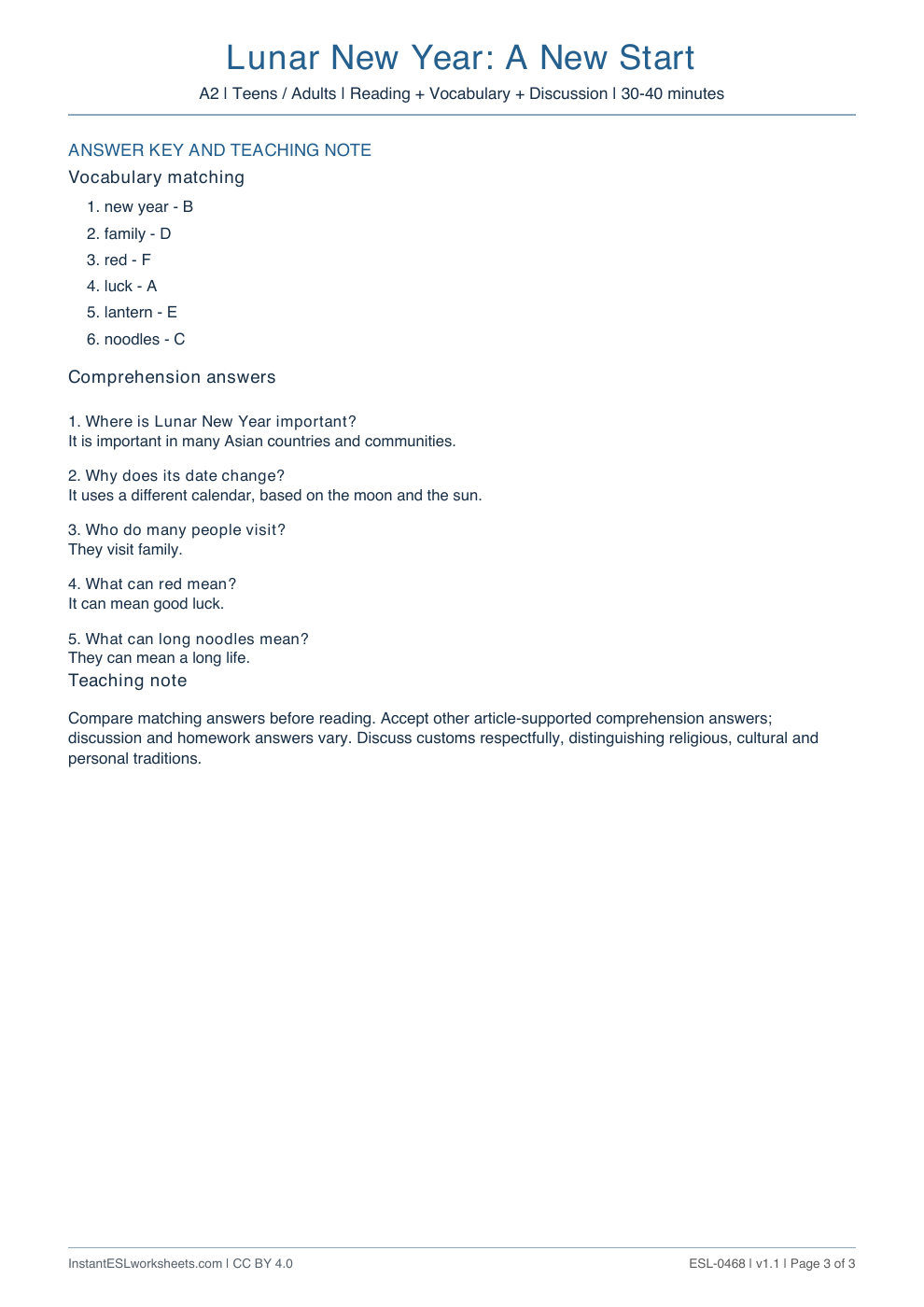 Page 3 of Lunar New Year: A New Start - answer key