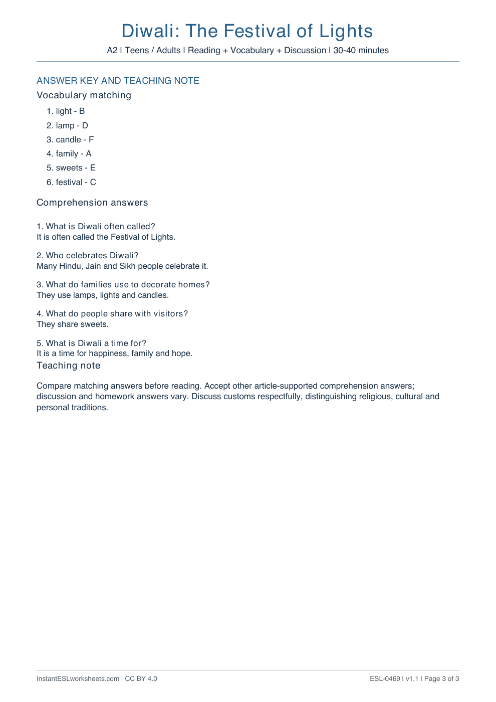 Page 3 of Diwali: The Festival of Lights - answer key