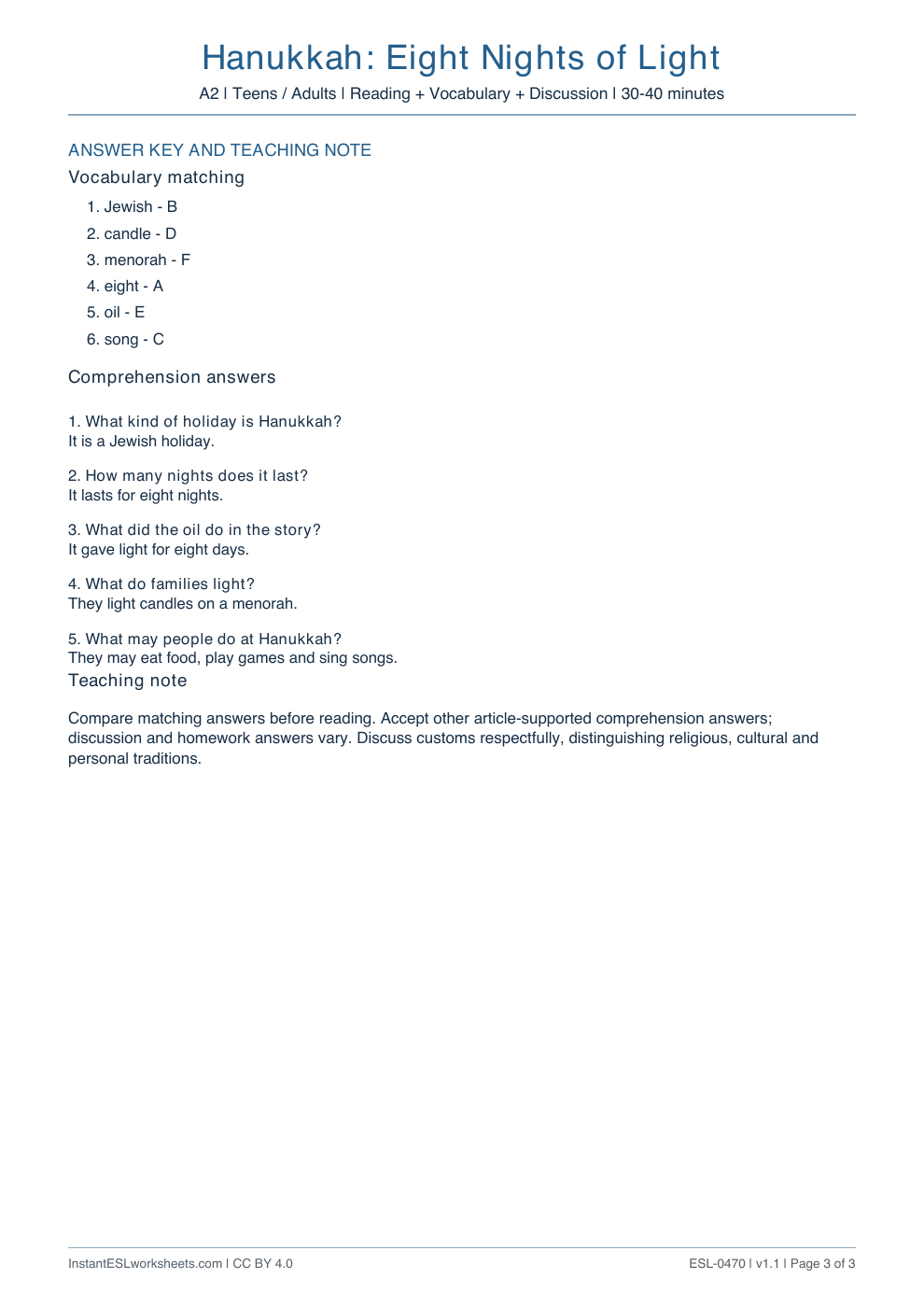 Page 3 of Hanukkah: Eight Nights of Light - answer key