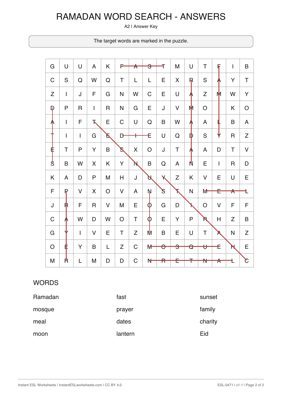 Page 2 of Ramadan - Word Search - answer key