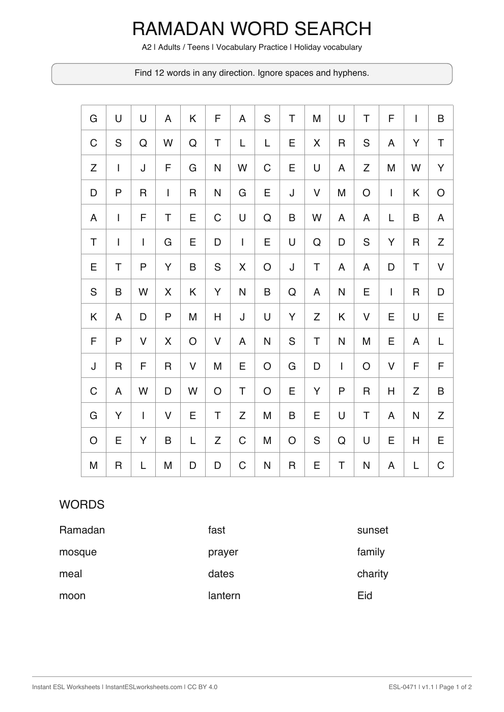 Page 1 of Ramadan - Word Search