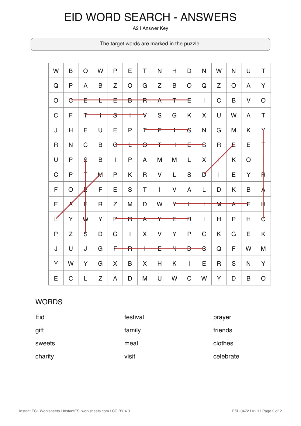 Page 2 of Eid - Word Search - answer key