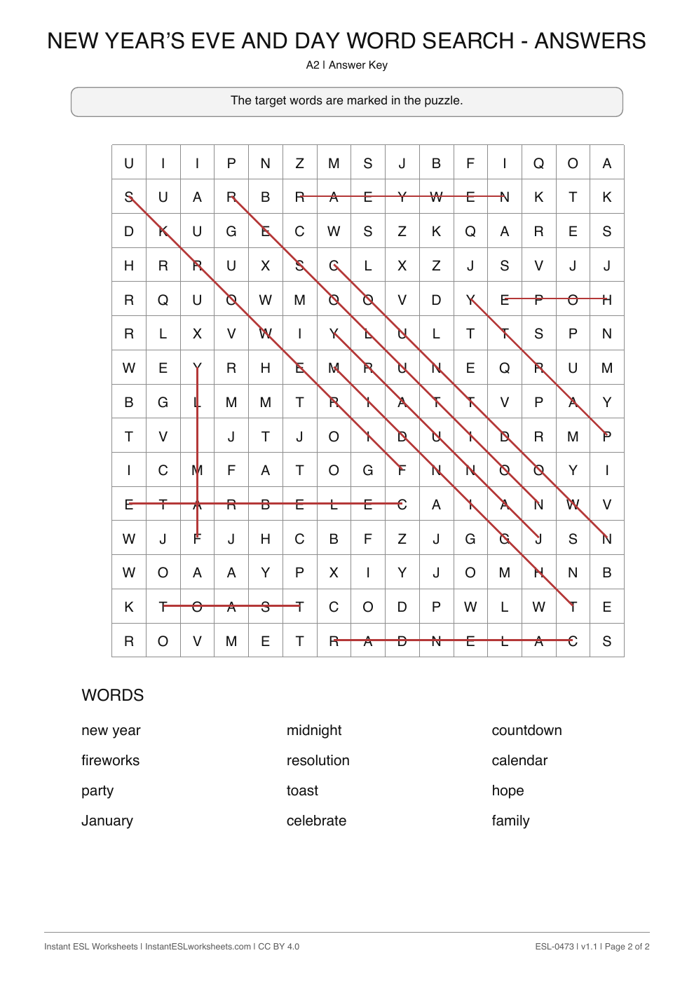 Page 2 of New Year’s Eve and Day - Word Search - answer key