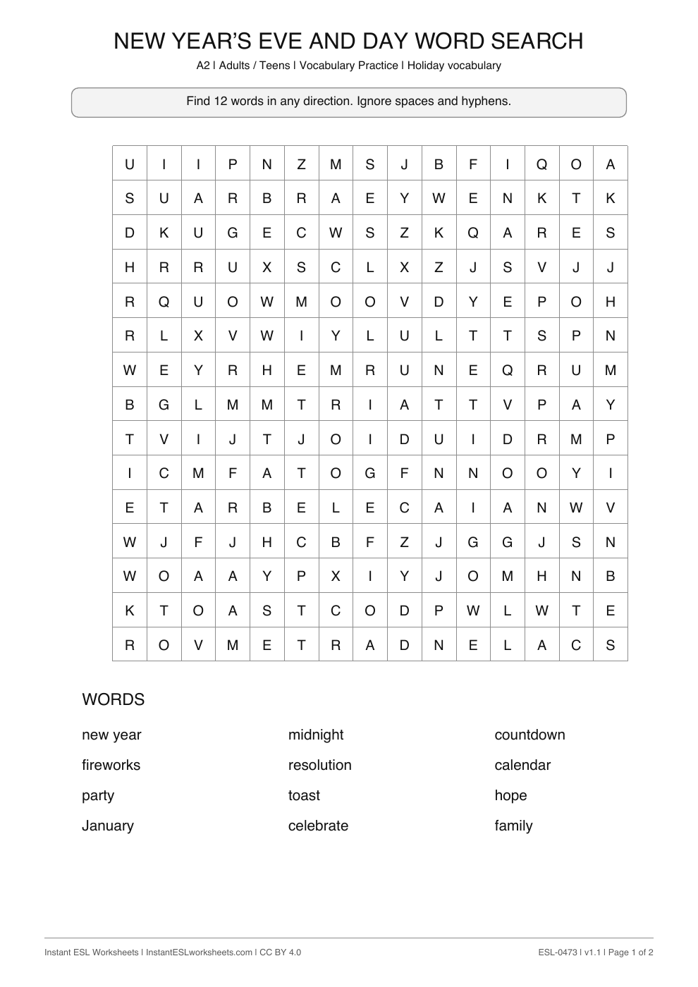Page 1 of New Year’s Eve and Day - Word Search