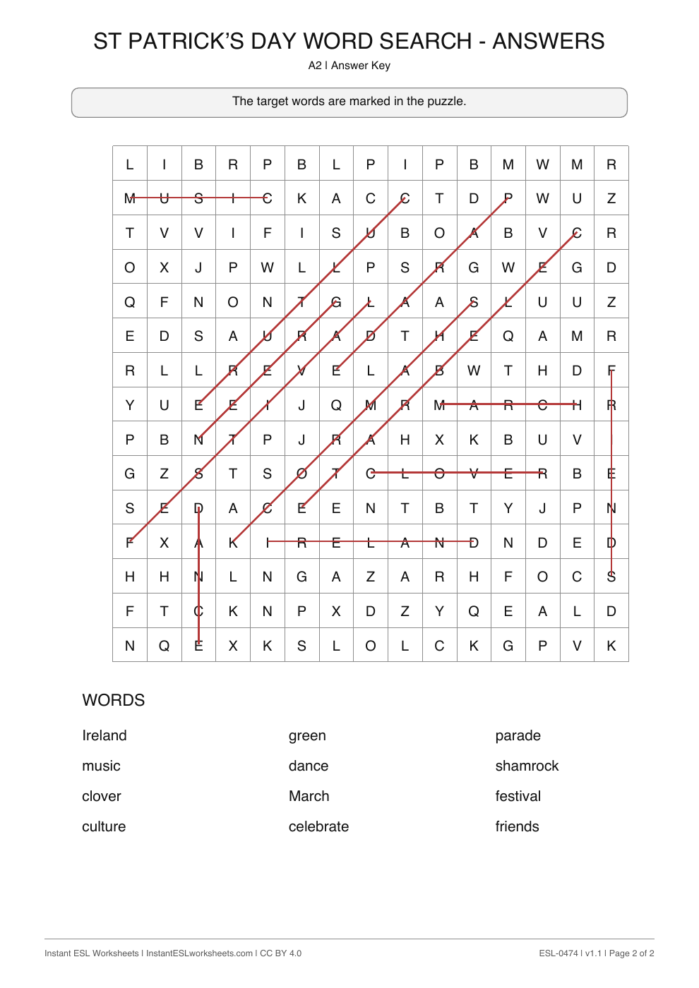 Page 2 of St Patrick’s Day - Word Search - answer key
