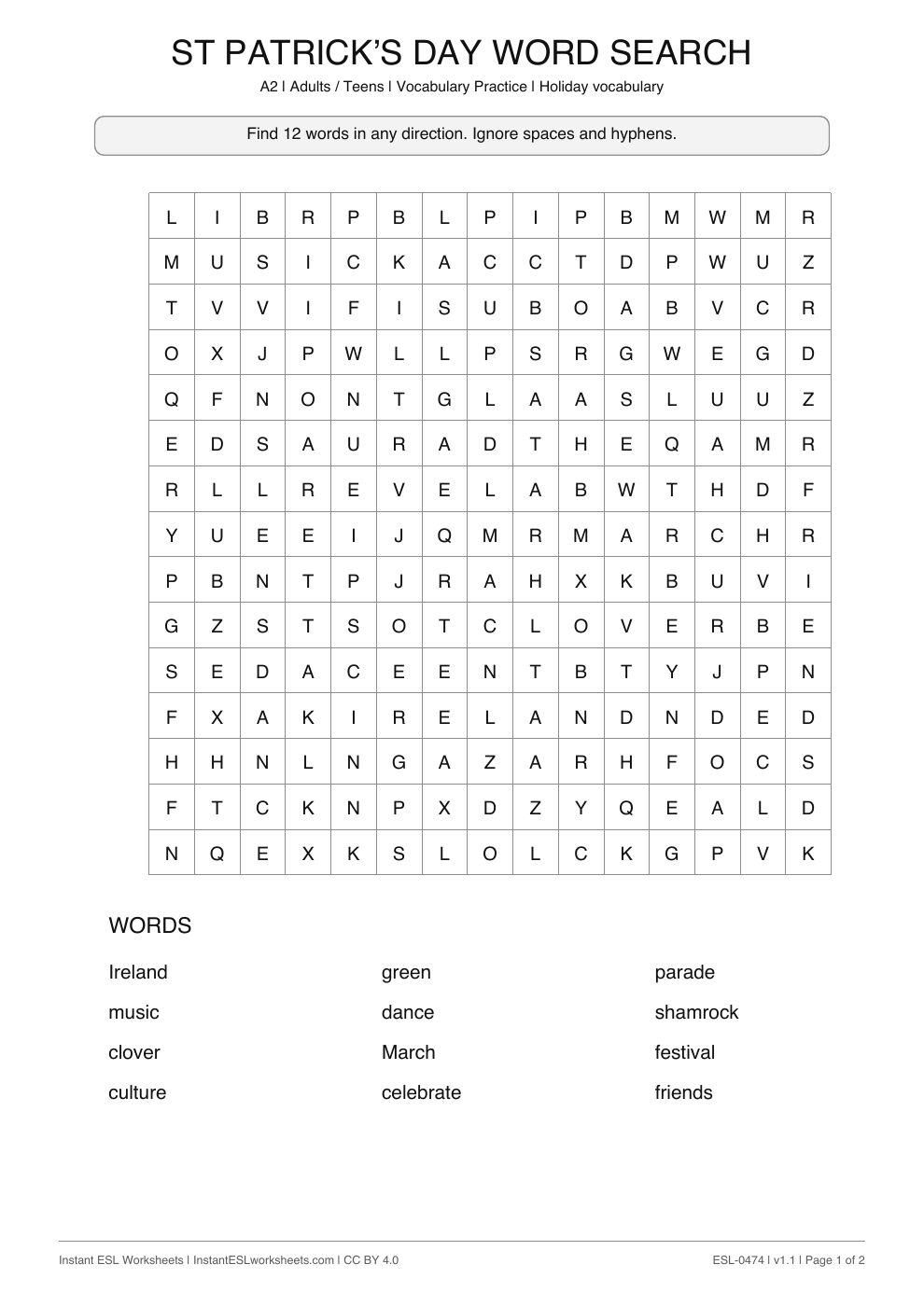 Page 1 of St Patrick’s Day - Word Search