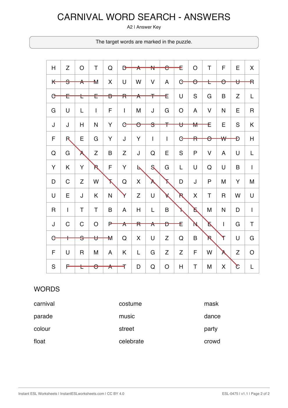 Page 2 of Carnival - Word Search - answer key