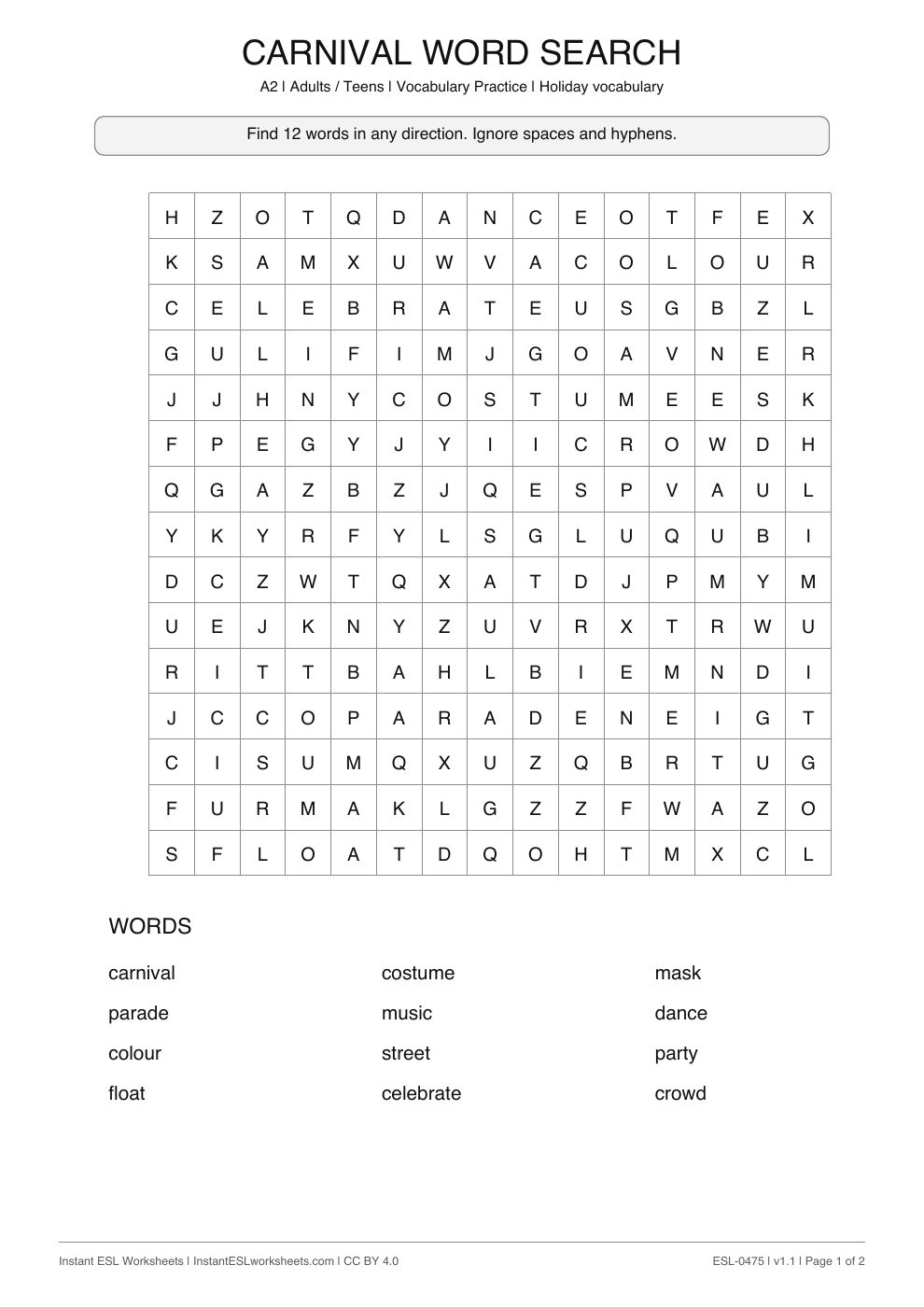 Page 1 of Carnival - Word Search
