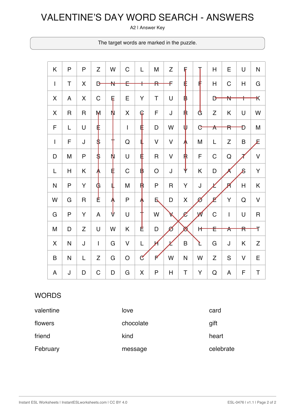 Page 2 of Valentine’s Day - Word Search - answer key