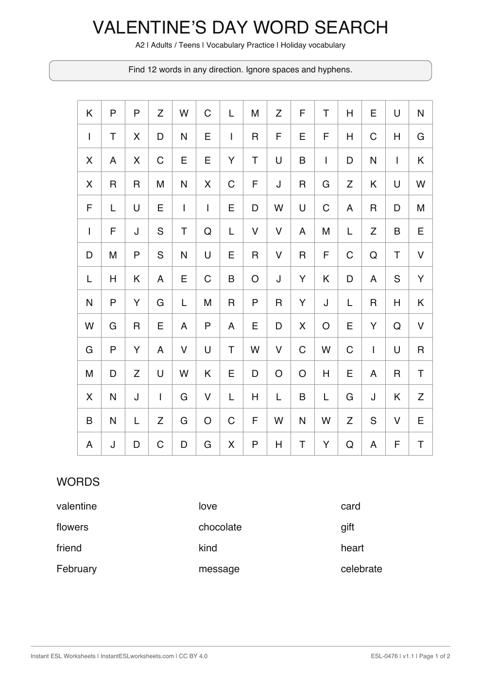 Page 1 of Valentine’s Day - Word Search