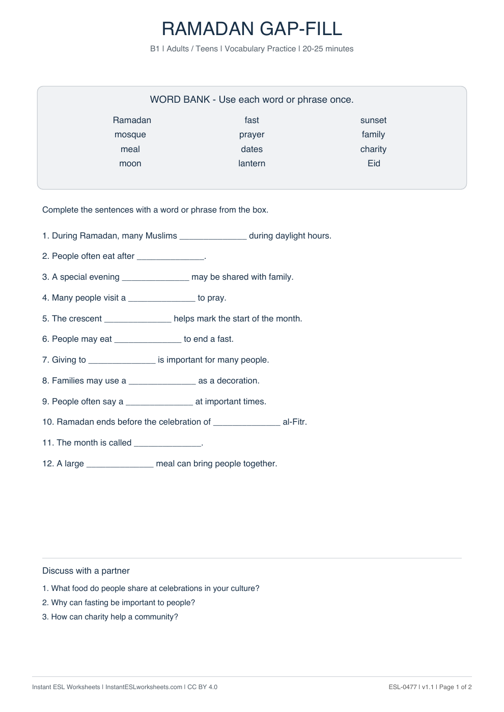 Page 1 of Ramadan - Vocabulary Gap Fill