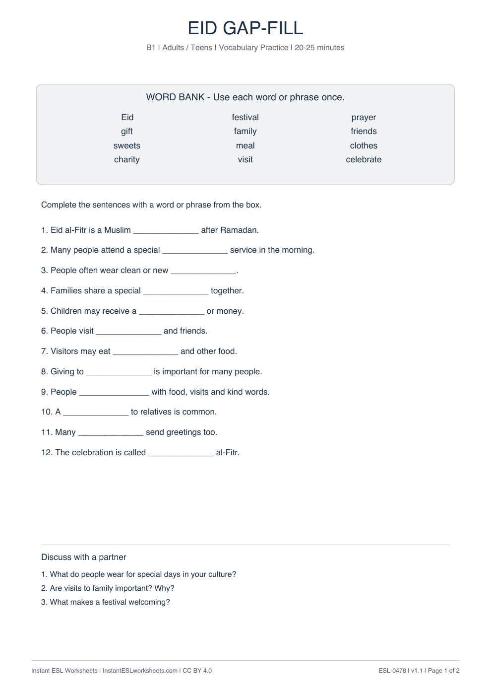 Page 1 of Eid - Vocabulary Gap Fill