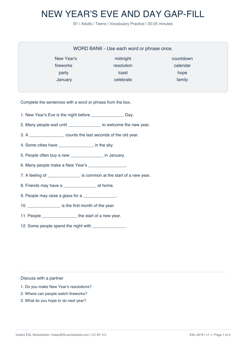 Page 1 of New Year's Eve and Day - Vocabulary Gap Fill
