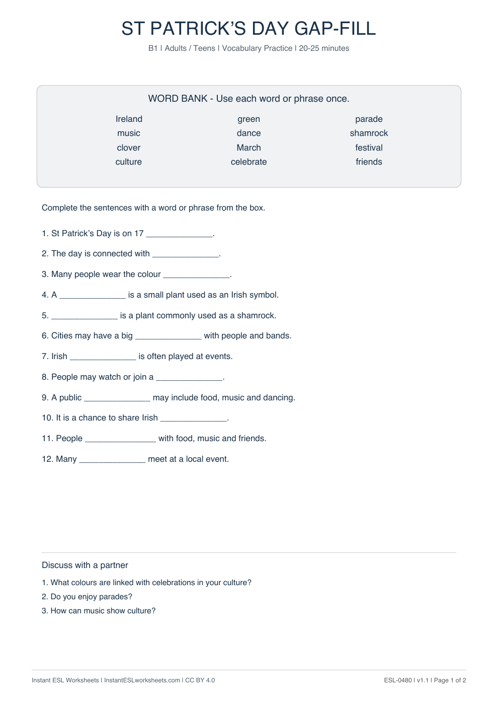 Page 1 of St Patrick's Day - Vocabulary Gap Fill