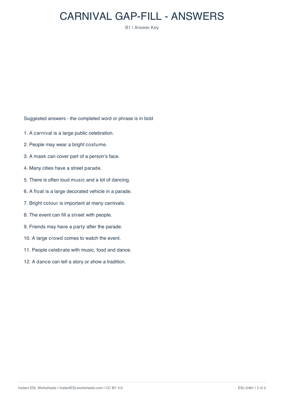 Page 2 of Carnival - Vocabulary Gap Fill - answer key