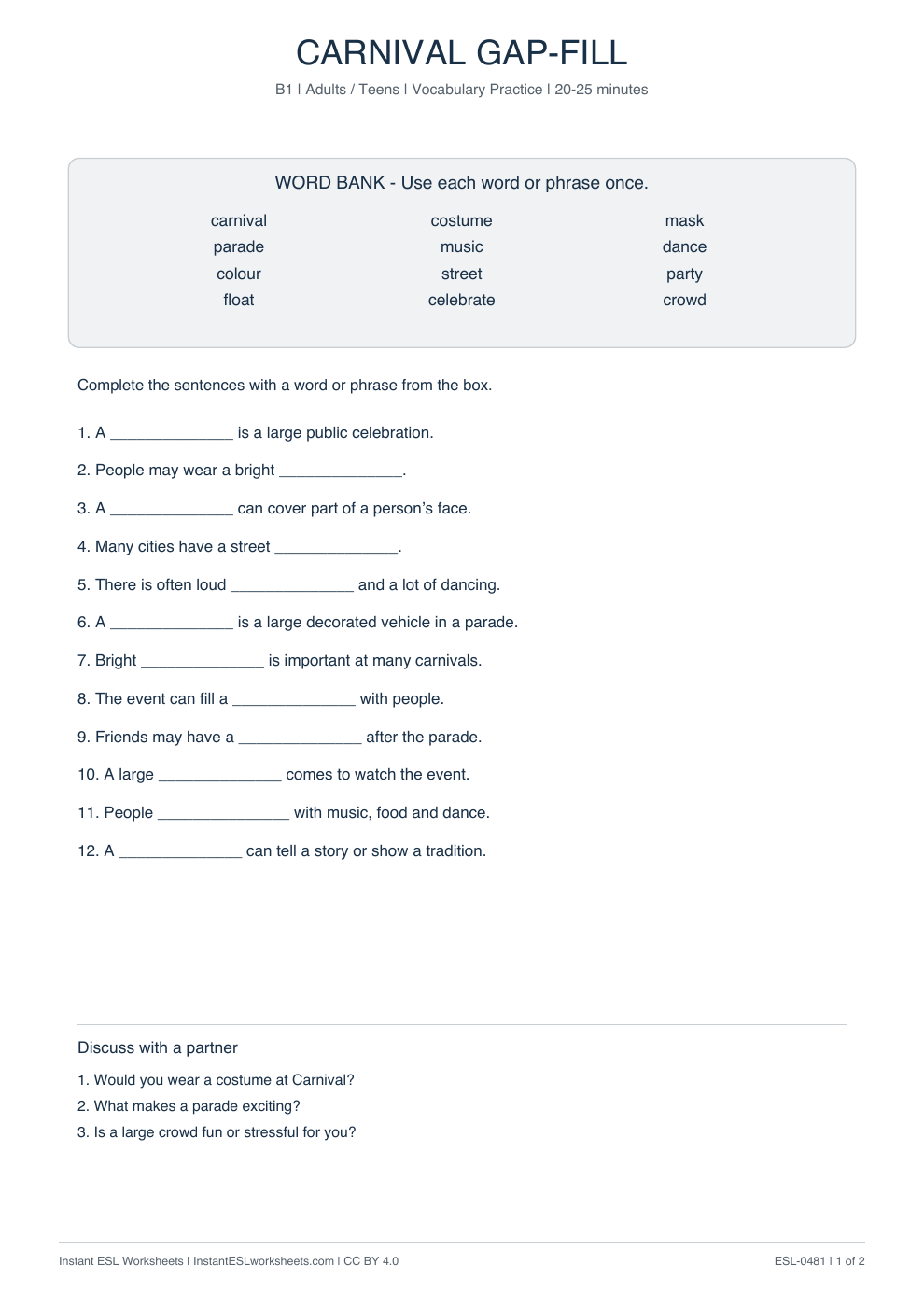 Page 1 of Carnival - Vocabulary Gap Fill
