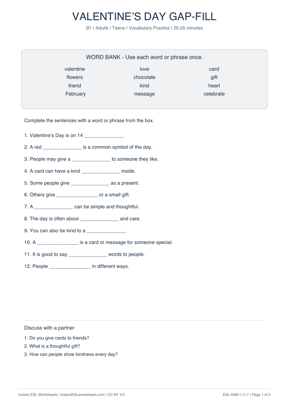 Page 1 of Valentine's Day - Vocabulary Gap Fill