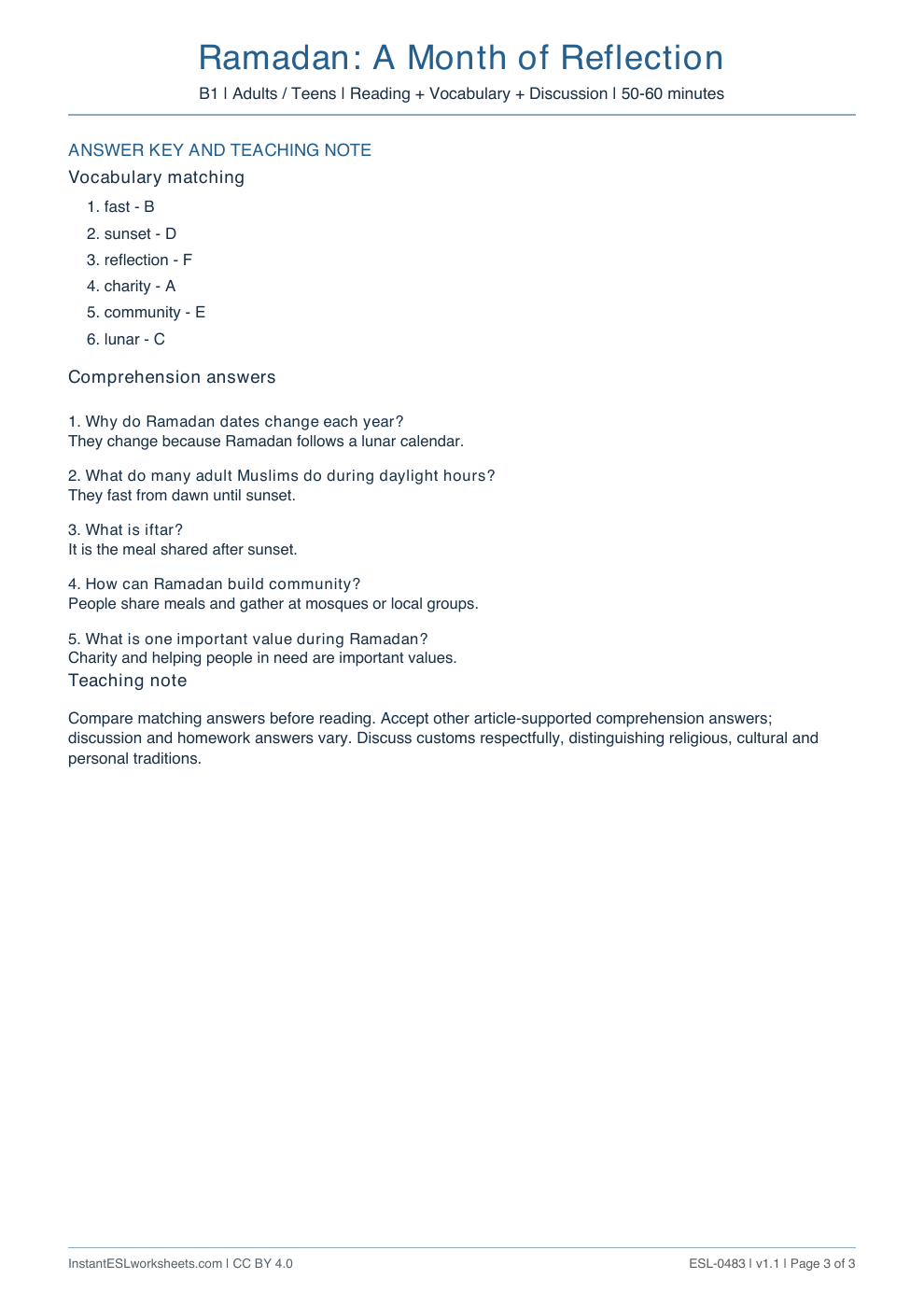 Page 3 of Ramadan: A Month of Reflection - answer key