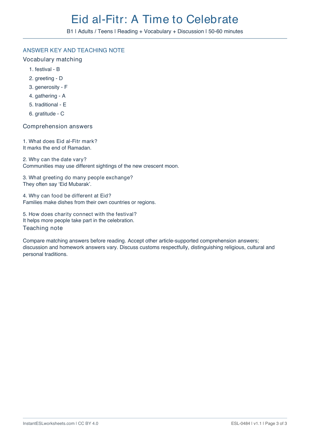 Page 3 of Eid al-Fitr: A Time to Celebrate - answer key