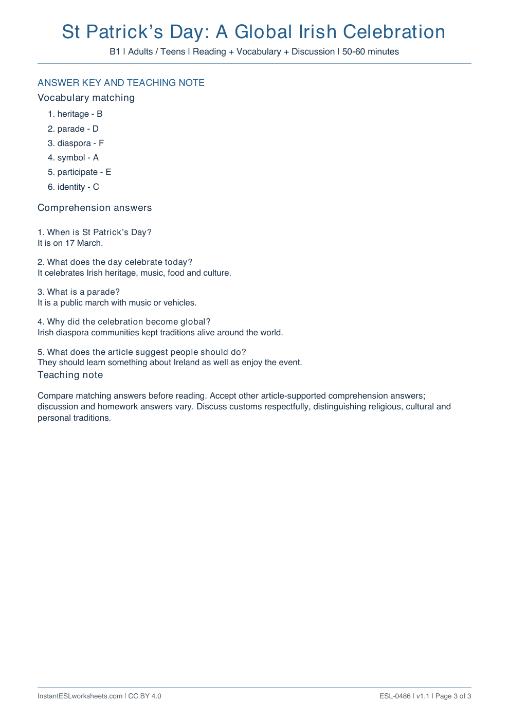 Page 3 of St Patrick’s Day: A Global Irish Celebration - answer key