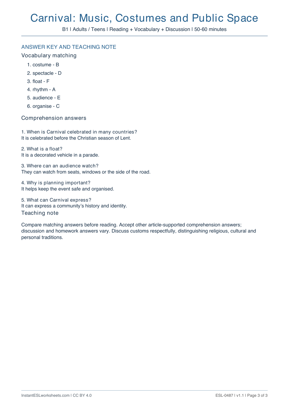 Page 3 of Carnival: Music, Costumes and Public Space - answer key