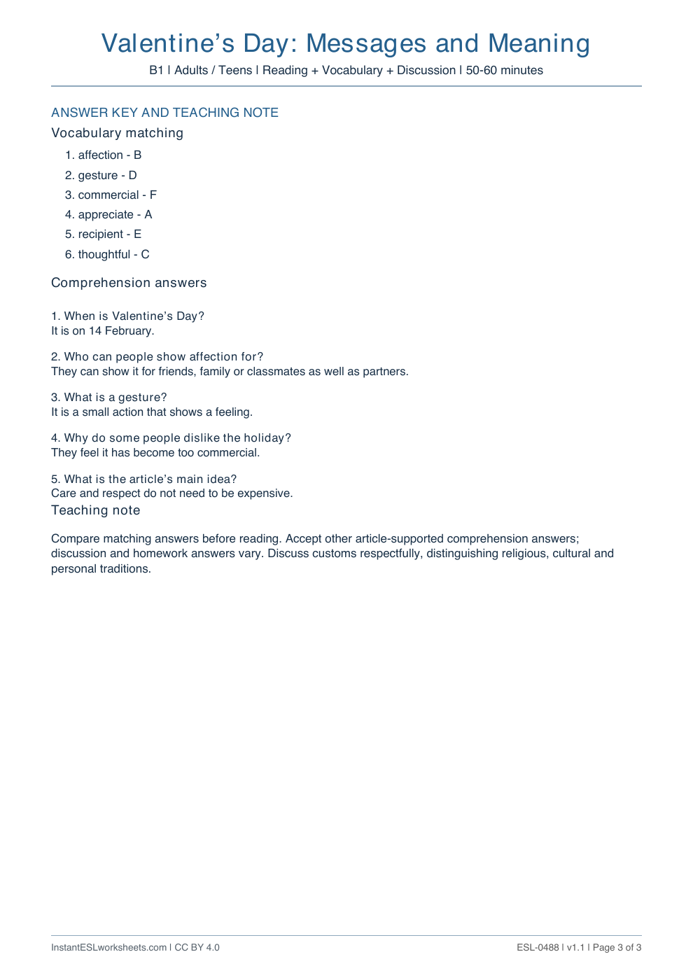 Page 3 of Valentine’s Day: Messages and Meaning - answer key