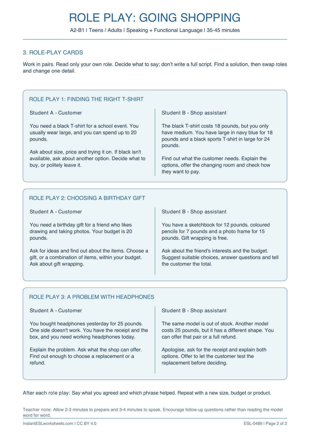 Page 2 of Going Shopping - Role Play