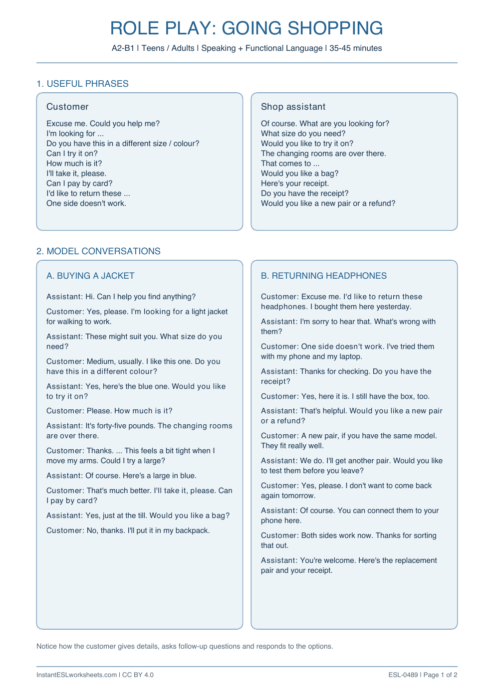Page 1 of Going Shopping - Role Play