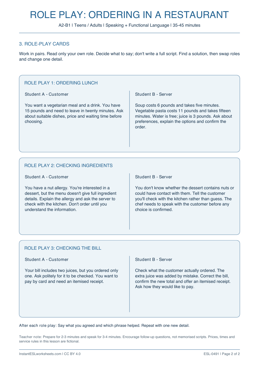 Page 2 of Ordering in a Restaurant - Role Play
