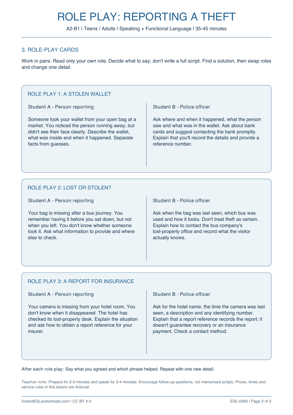 Page 2 of Reporting a Theft - Role Play