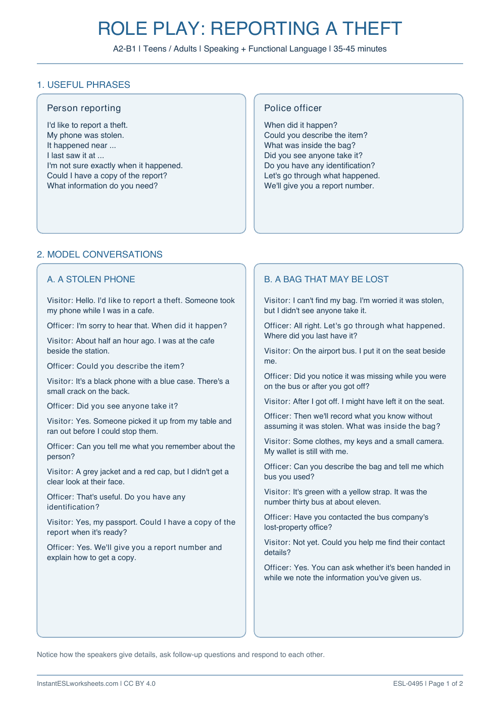 Page 1 of Reporting a Theft - Role Play
