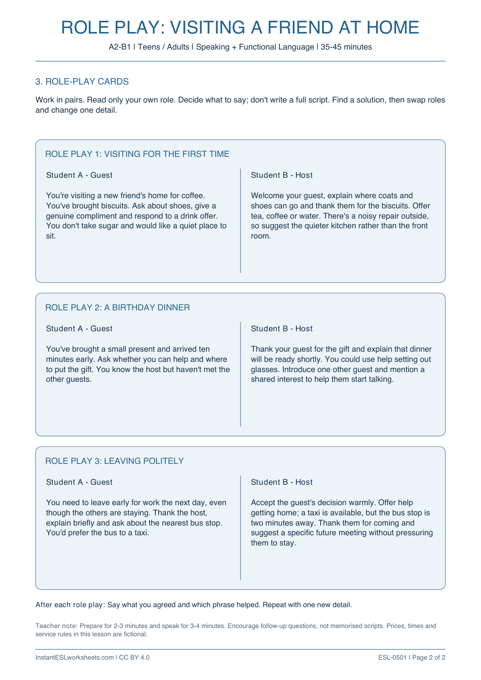 Page 2 of Visiting a Friend at Home - Role Play