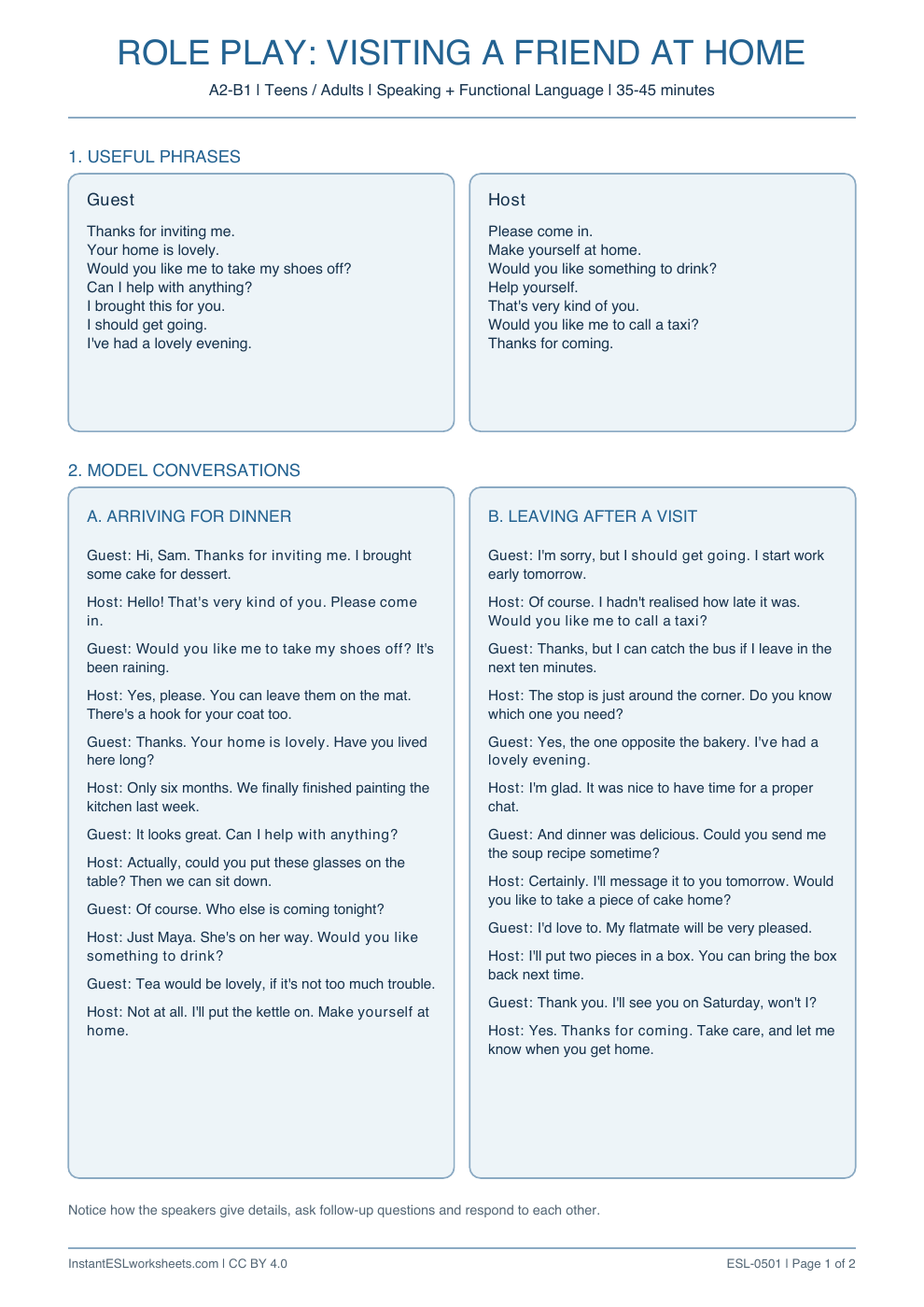 Page 1 of Visiting a Friend at Home - Role Play